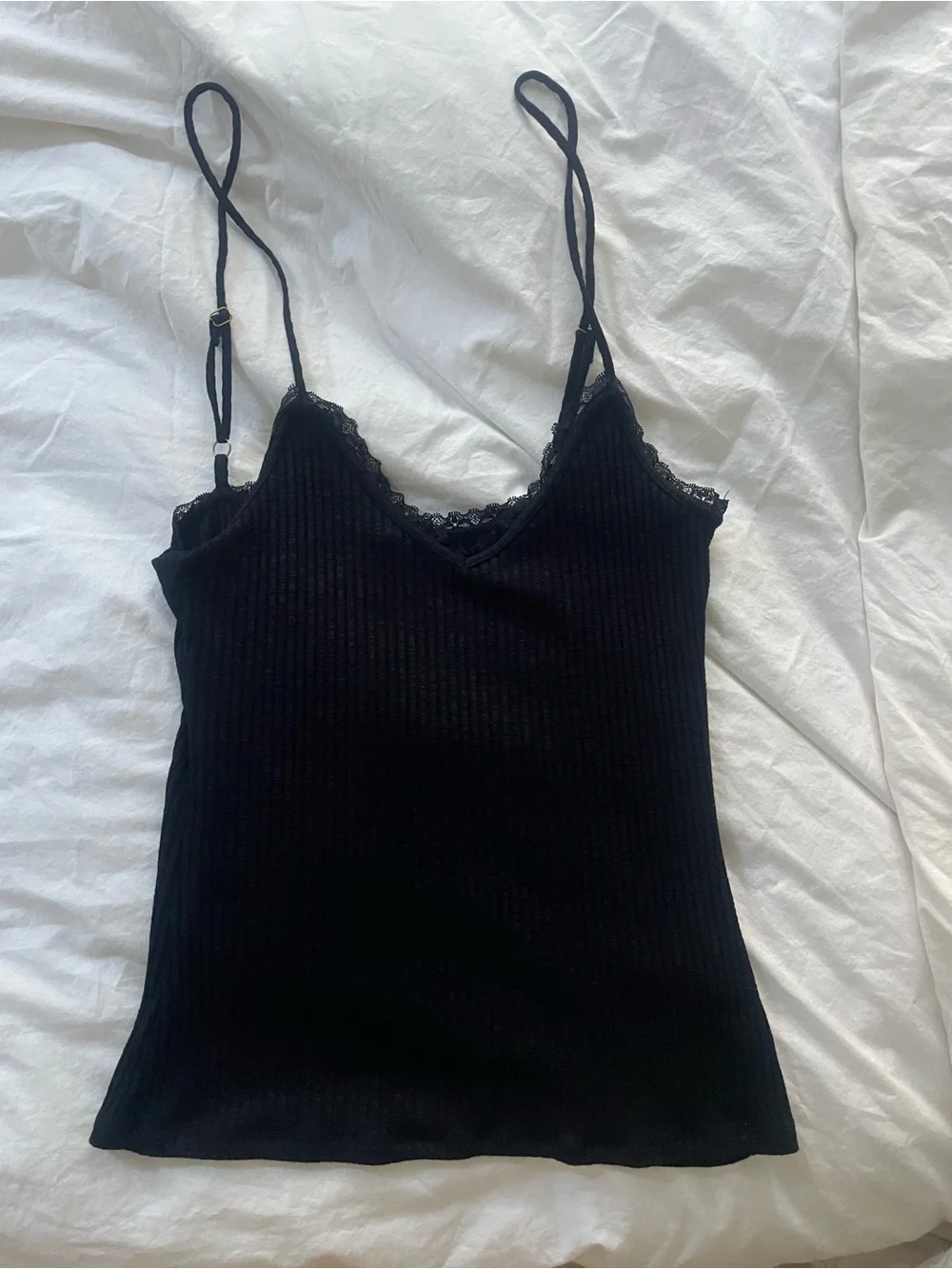 Rouje Black Ribbed V-Neck Lace-Trim Tank
